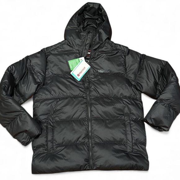 Marmot Men’s Guide Down HDY M16229 Black Hooded Puffer Jacket Large NEW - Picture 1 of 14